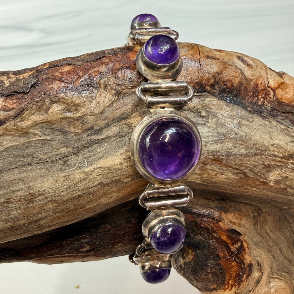 Vintage Sterling Silver Amethyst Cabochon Toggle Link Bracelet 925 Purple Stone